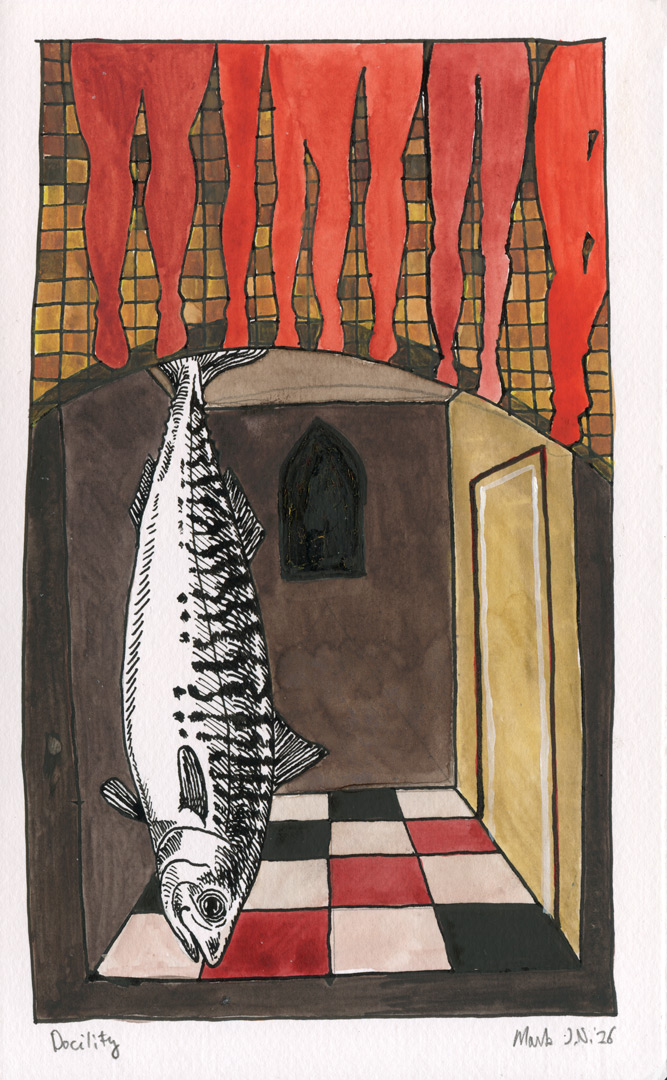 Colored drawing of female legs and a fish