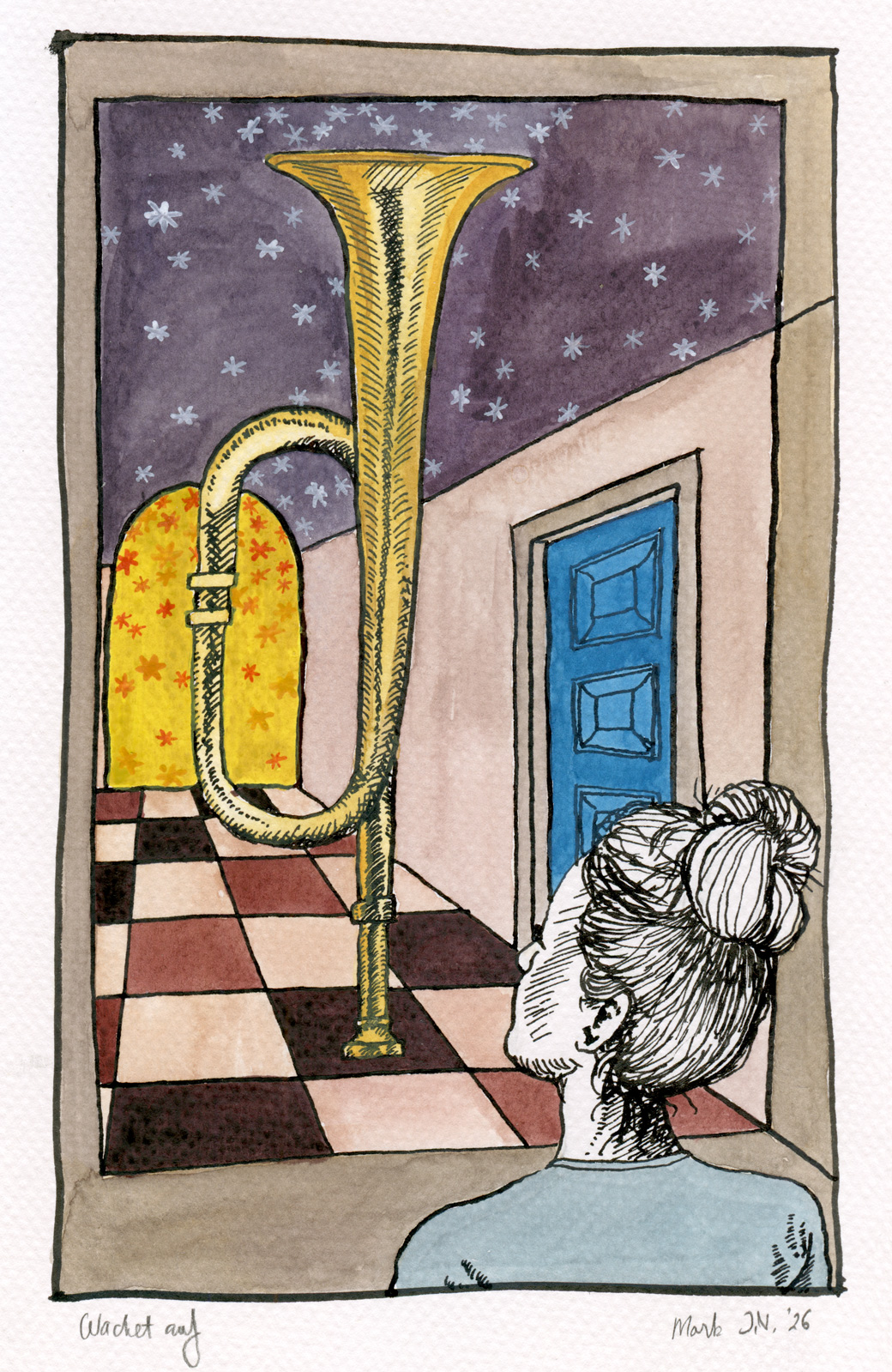 Coloured drawing a woman and a trumpet